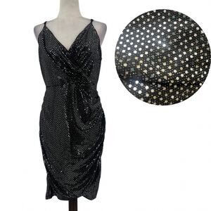 Grace Karin Silver Sequin Dress Sz L Holiday Glam Clubwear Ruched Sparkly NYE